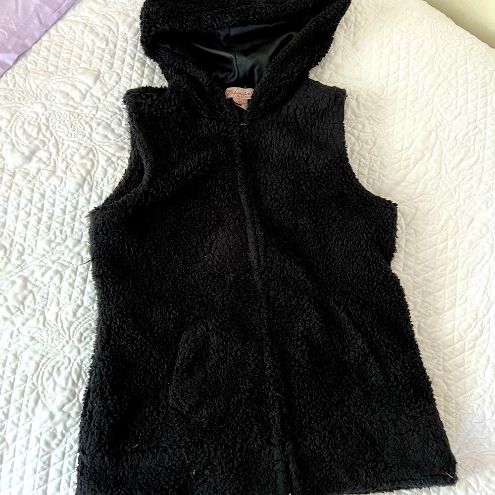 Glimmer Faux Shearling Black Hooded Full Zip Winter Vest Size Large
